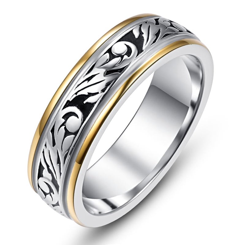 AVECON Wedding Ring, Unisex, Vintage Floral Vine Pattern, Two-Tone, Sizes 6-12 - Image 1